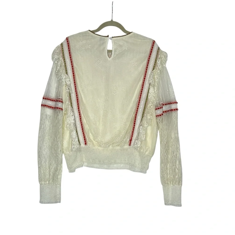 Anthropologie Bl-nk London Cream Lace Embroidered Floral Long Sleeve Top| Size L